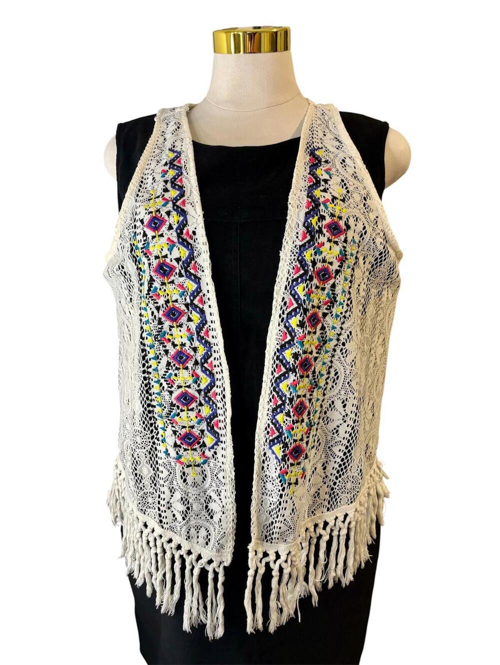 Crochet Lace Fringe Vest with Embroidered Front Women's L/XL